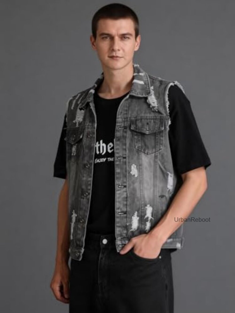Men's Sleeveless Ripped Denim Vest Slim Fit Button Down Jacket - Picture 5 of 5